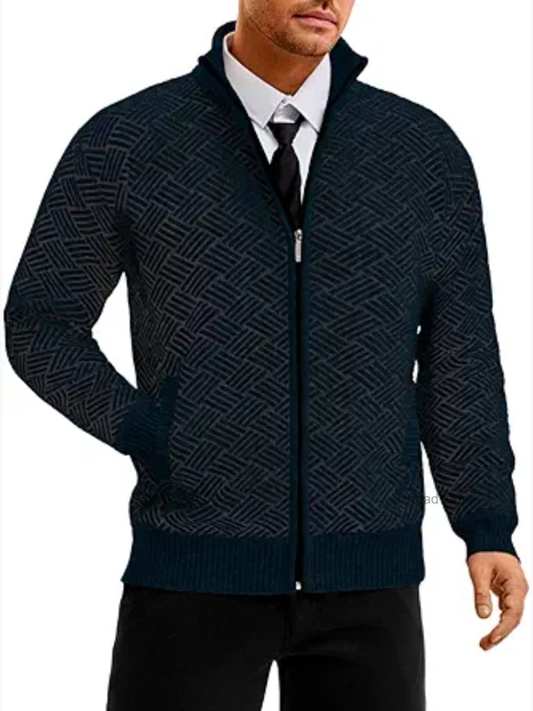 Men's Textured Fleece-Lined Zip Up Cardigan Jacket Stand Collar Long Sleeve
